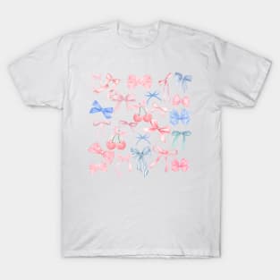 Preppy Girly Cherry Pastel Blue Pink Bow Coquette T-Shirt